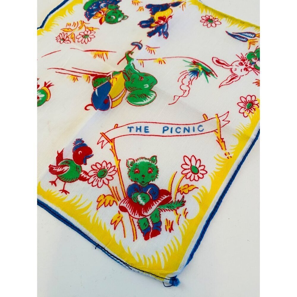 Vintage Child's Hankie from the 1940s, The Picnic Whimsical Novelty Print Hankie - Picture 4 of 8